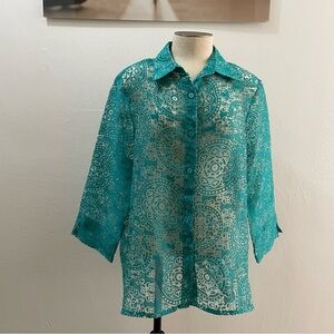 Alfred Dunner Turquoise Patterned Sheer Blouse Size: 12